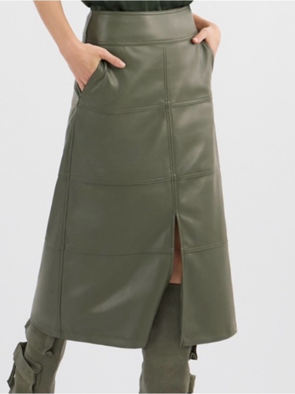 CAbi Olive Faux Leather High-Waist Midi Kick It Skirt - Picture 4 of 12